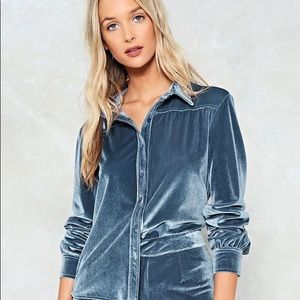 Nasty Gal blue gray velvet button up | Size 4